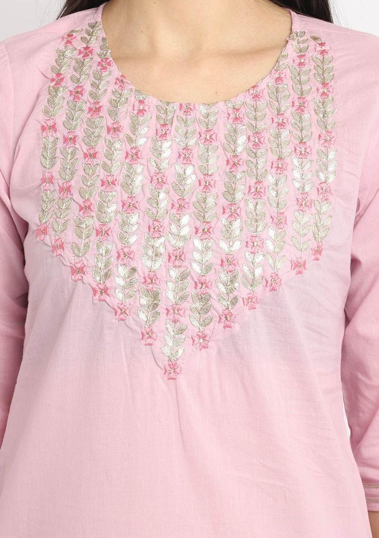 Pink Embroidered Cotton Kurta Set - Indya