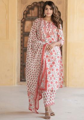 Peach Printed Cotton Kurta Set