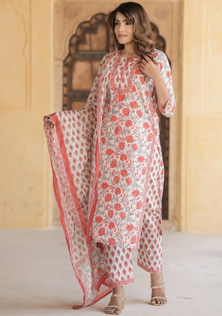 Peach Printed Cotton Kurta Set - Indya
