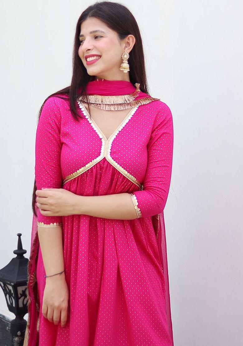 Pink Printed Cotton Kurta Set - Indya