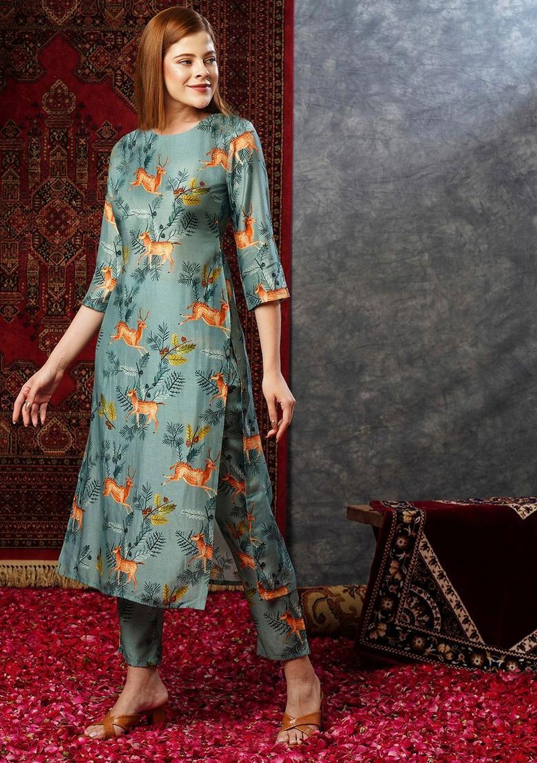 Green Printed Cotton Kurta Set - Indya