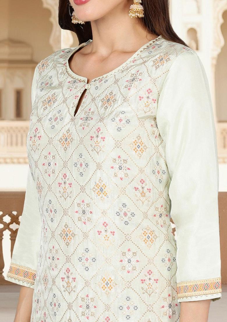 Green Woven Design Silk Kurta Set - Indya