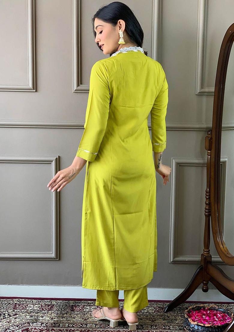 Lime Green Embroidered Viscose Kurta Set - Indya
