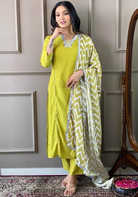 Lime Green Embroidered Viscose Kurta Set — view on Indya