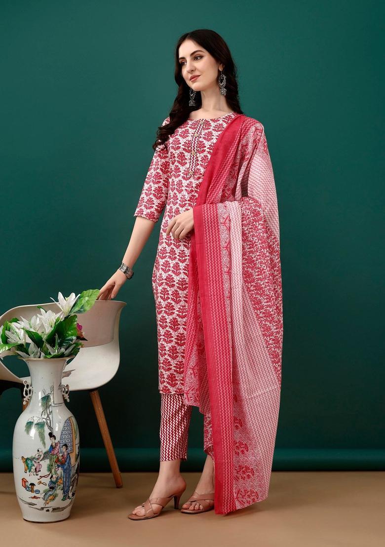 Pink Printed Cotton Kurta Set - Indya