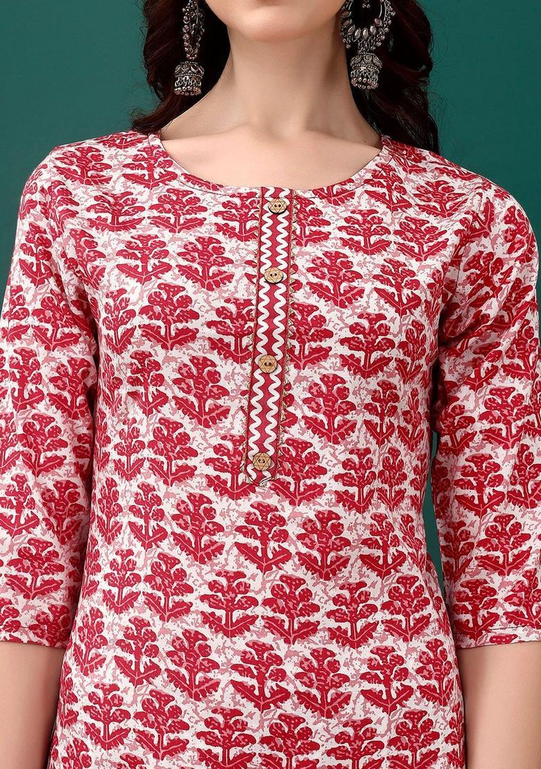 Pink Printed Cotton Kurta Set - Indya