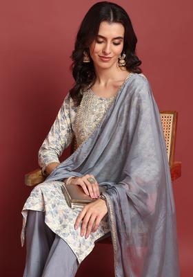 Grey Printed Viscose Kurta Set