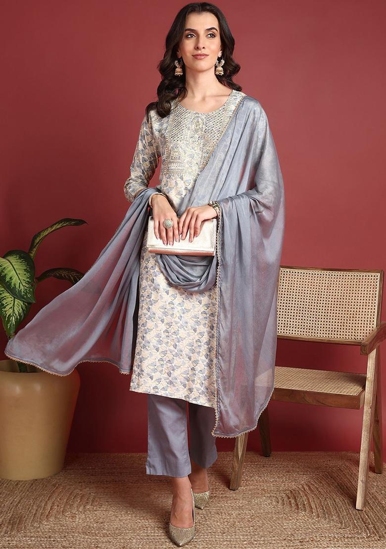 Grey Printed Viscose Kurta Set - Indya