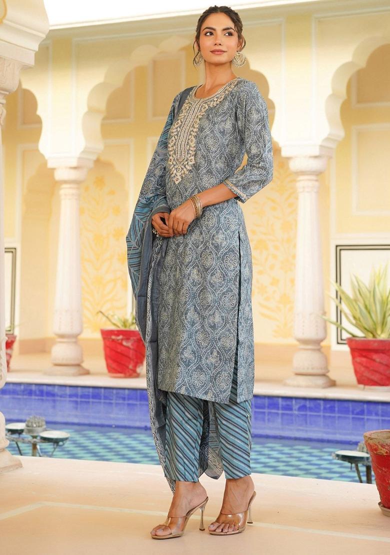 Grey Embroidered Silk Kurta Set - Indya