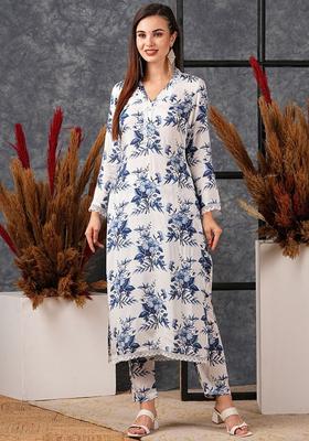 White Printed Cotton Kurta Set