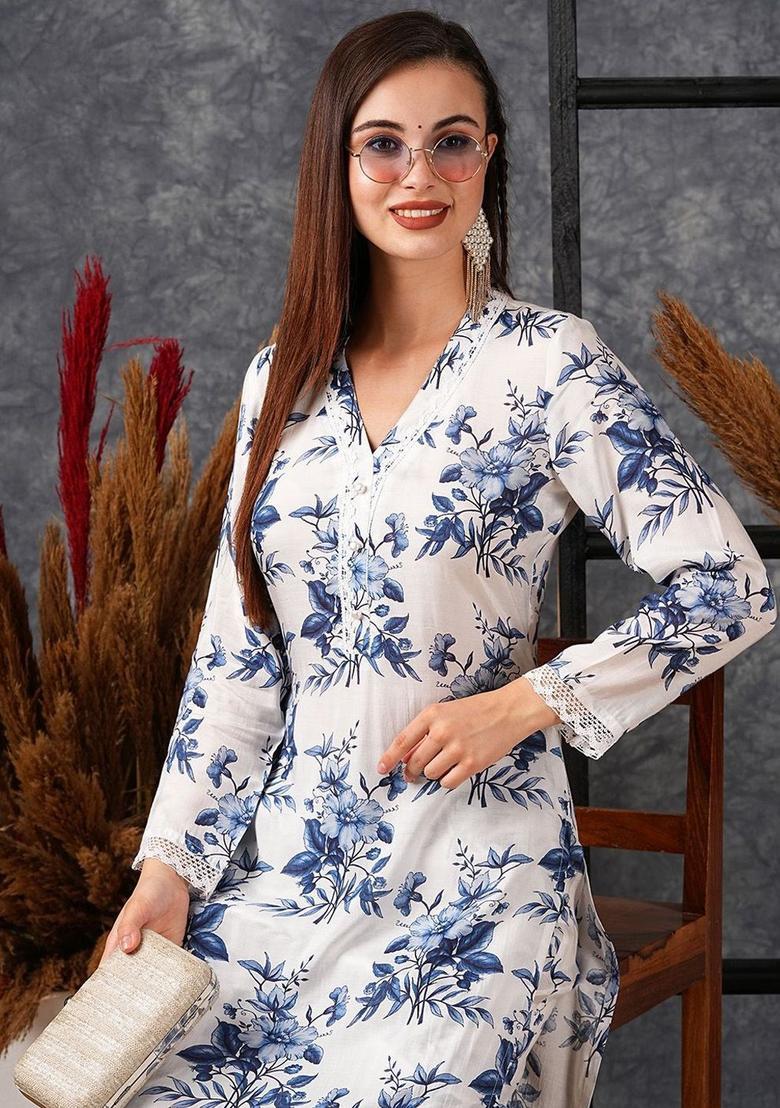 White Printed Cotton Kurta Set - Indya