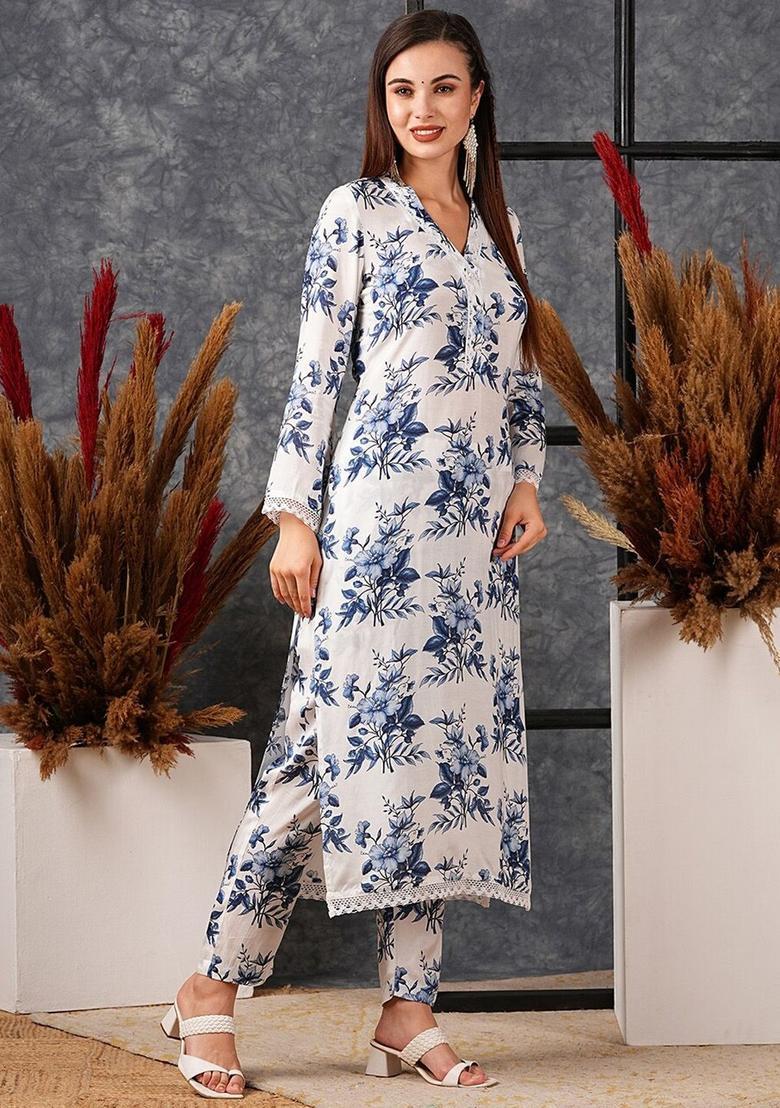 White Printed Cotton Kurta Set - Indya