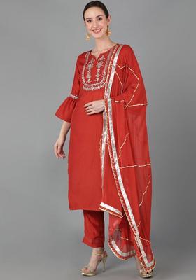 Rust Embroidered Polyester Kurta Set