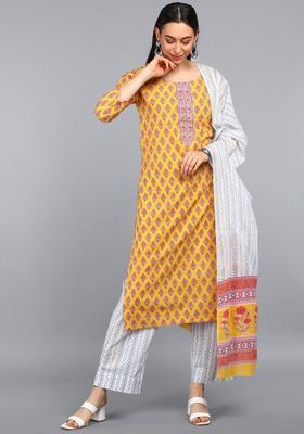Mustard Printed Polyester Kurta Set
