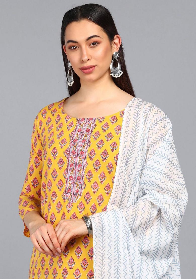Mustard Printed Polyester Kurta Set - Indya