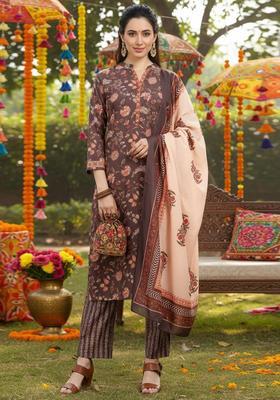 Brown Printed Crepe Kurta Set