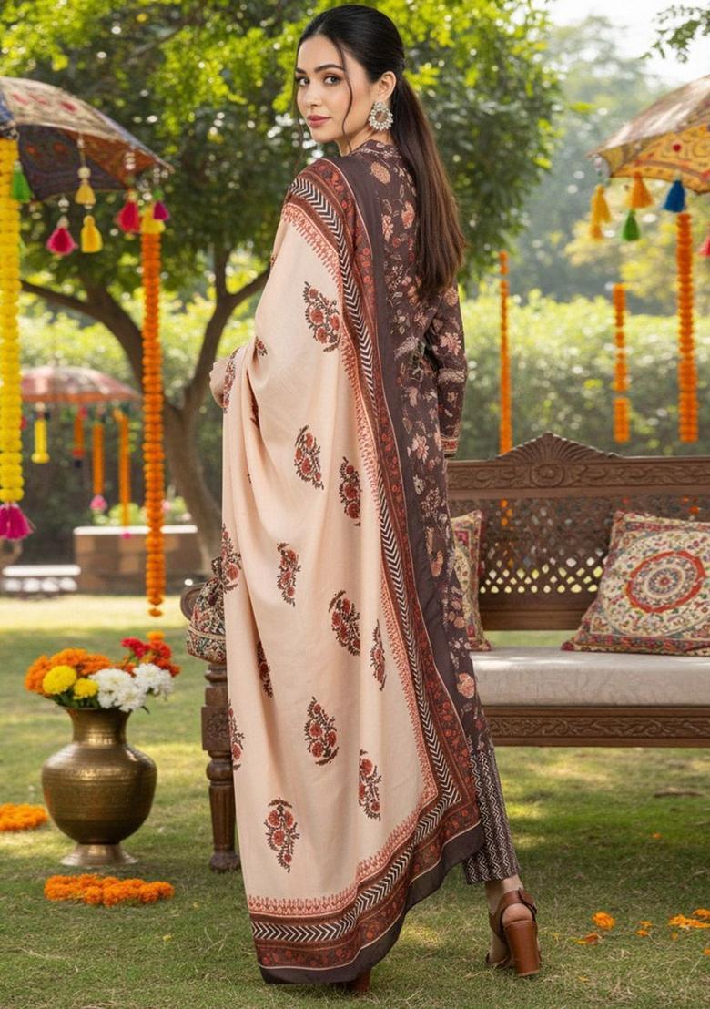 Brown Printed Crepe Kurta Set - Indya