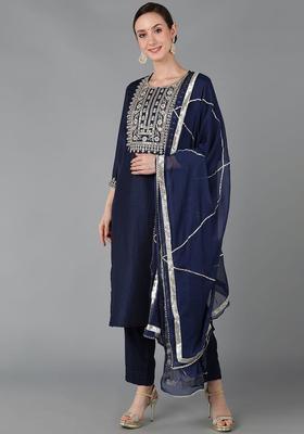 Navy Blue Embroidered Polyester Kurta Set