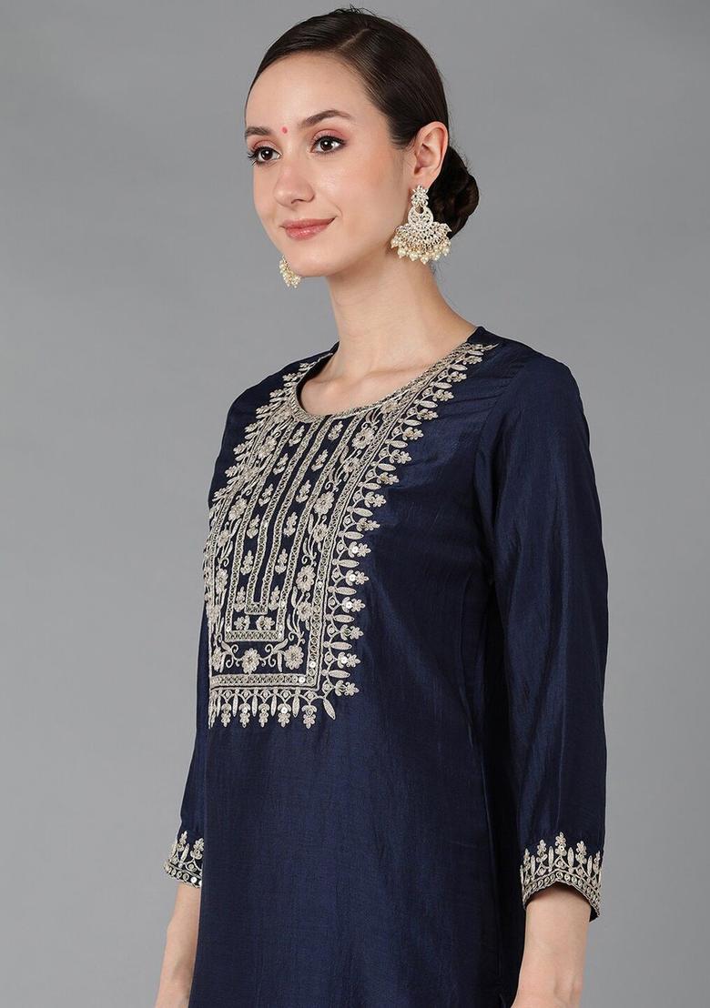 Navy Blue Embroidered Polyester Kurta Set - Indya