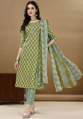 Green Printed Cotton Kurta Set