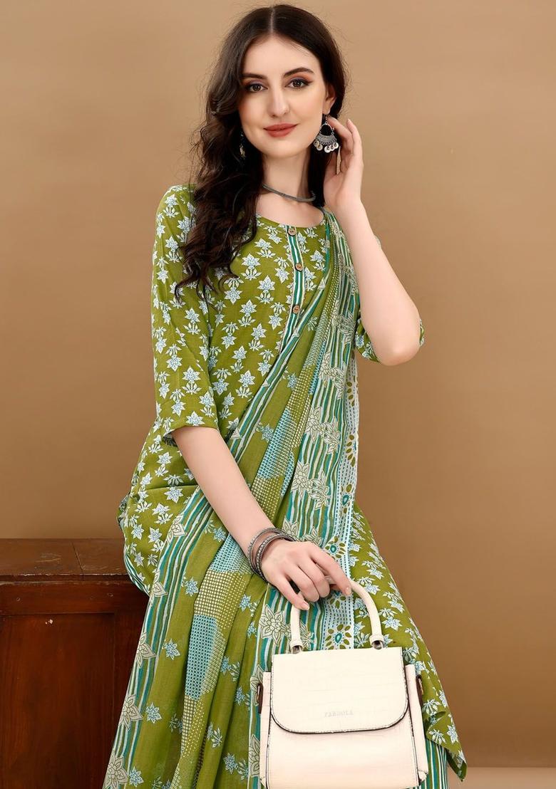 Green Printed Cotton Kurta Set - Indya