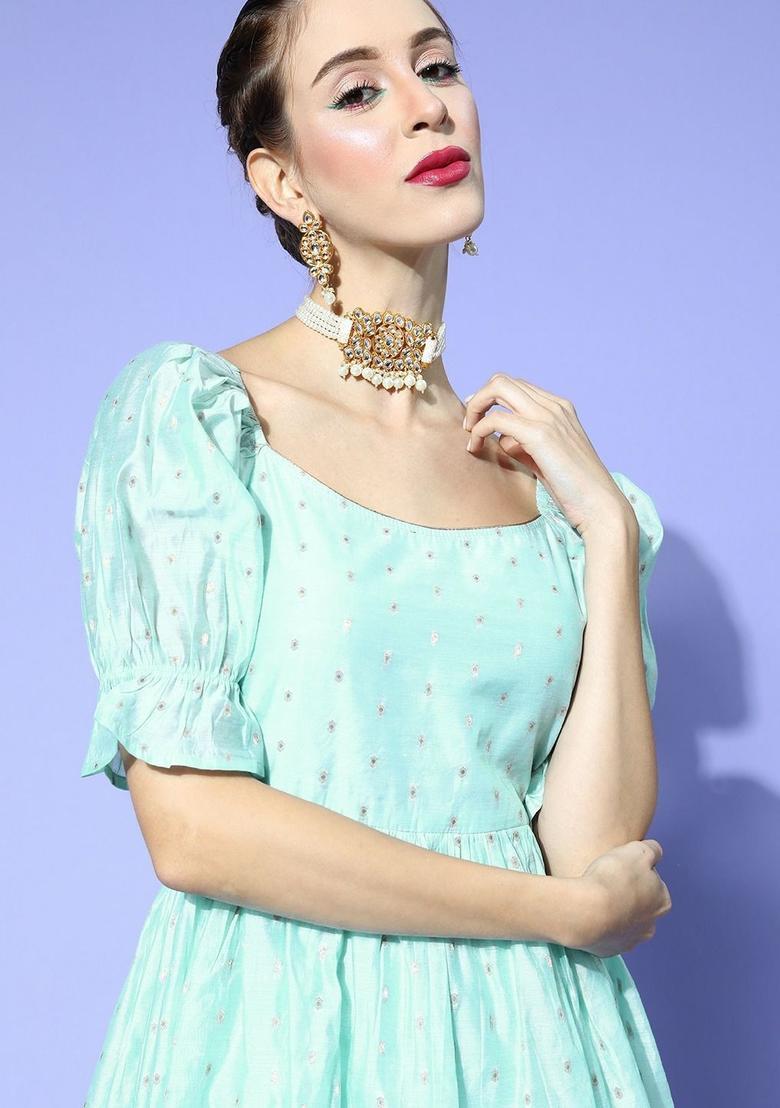 Blue Woven Design Chanderi Kurta Set - Indya
