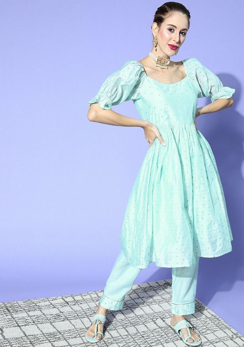 Blue Woven Design Chanderi Kurta Set - Indya