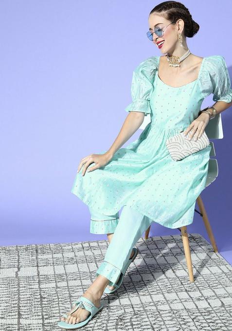 Blue Woven Design Chanderi Kurta Set — view on Indya