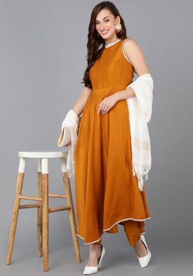 Mustard Solid Silk Blend Kurta Set