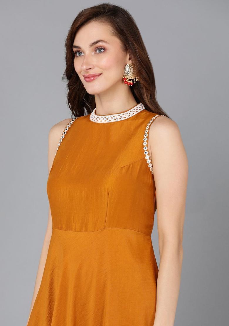 Mustard Solid Silk Kurta Set - Indya