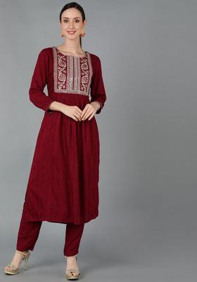 Maroon Yoke Design Silk Kurta Set