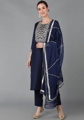 Navy Blue Embroidered Polyester Kurta Set