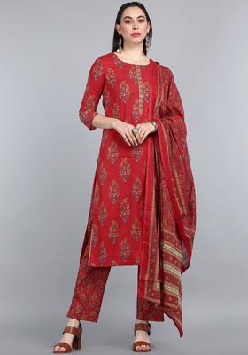 Red Printed Polyester Kurta Set