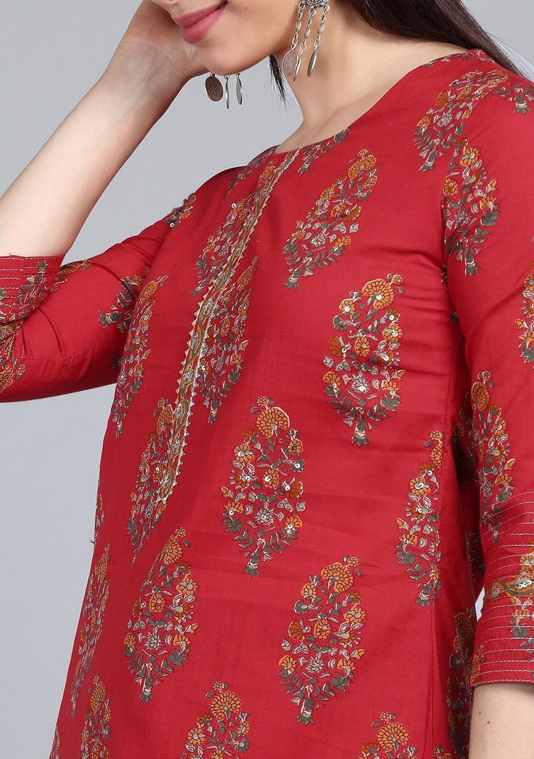 Red Printed Polyester Kurta Set - Indya