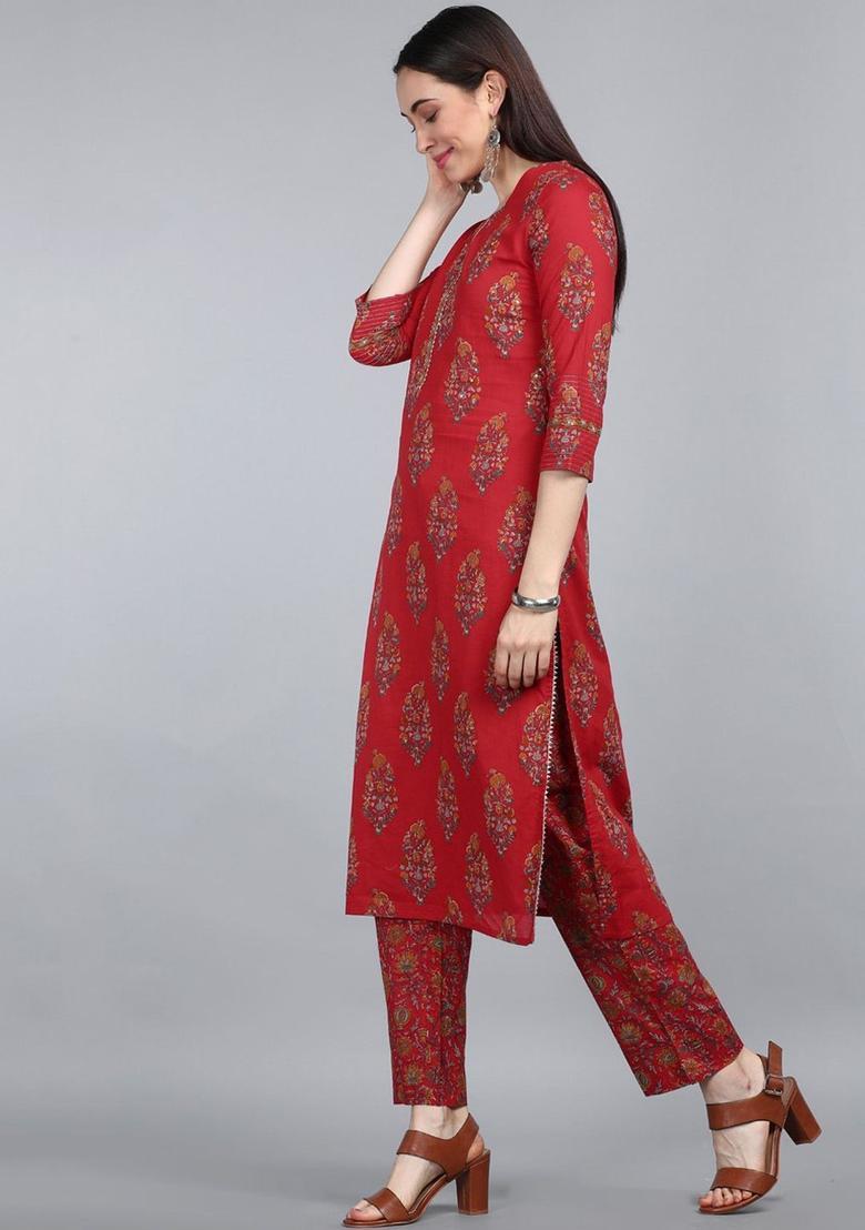Red Printed Polyester Kurta Set - Indya