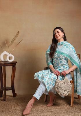 Off White Printed Viscose Kurta Set