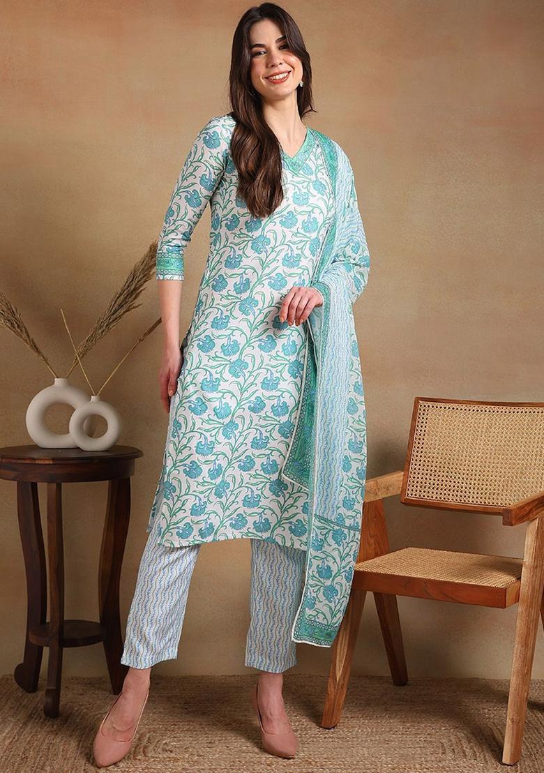Off White Printed Viscose Kurta Set - Indya