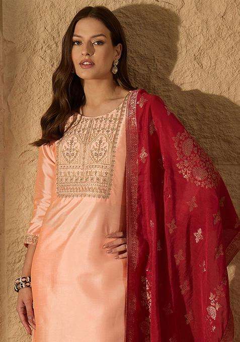 Peach Yoke Design Silk Blend Kurta Set