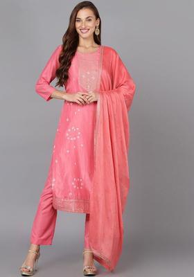 Pink Woven Design Silk Blend Kurta Set