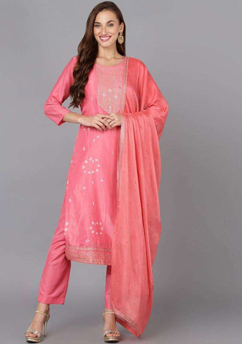 Pink Woven Design Silk Blend Kurta Set - Indya