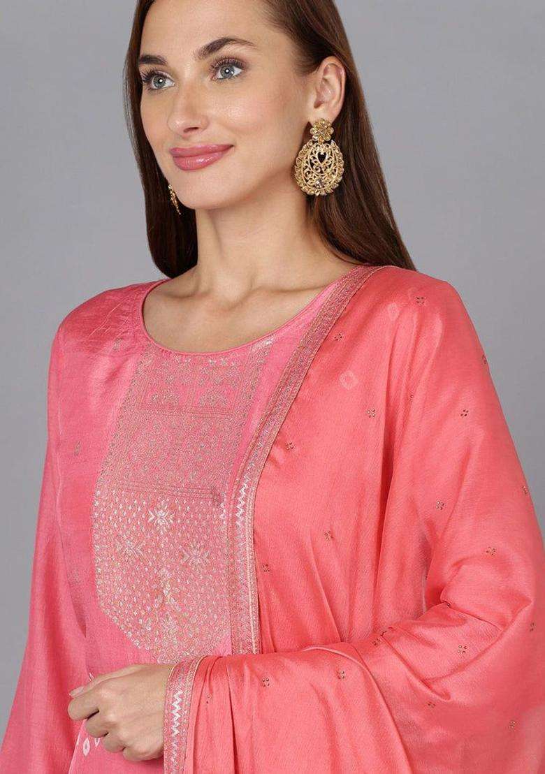 Pink Woven Design Silk Blend Kurta Set - Indya