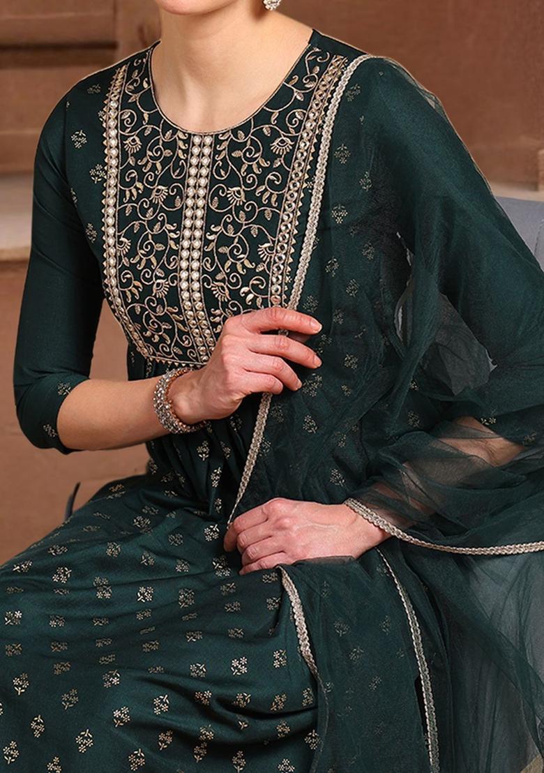 Green Embroidered Silk Kurta Set - Indya