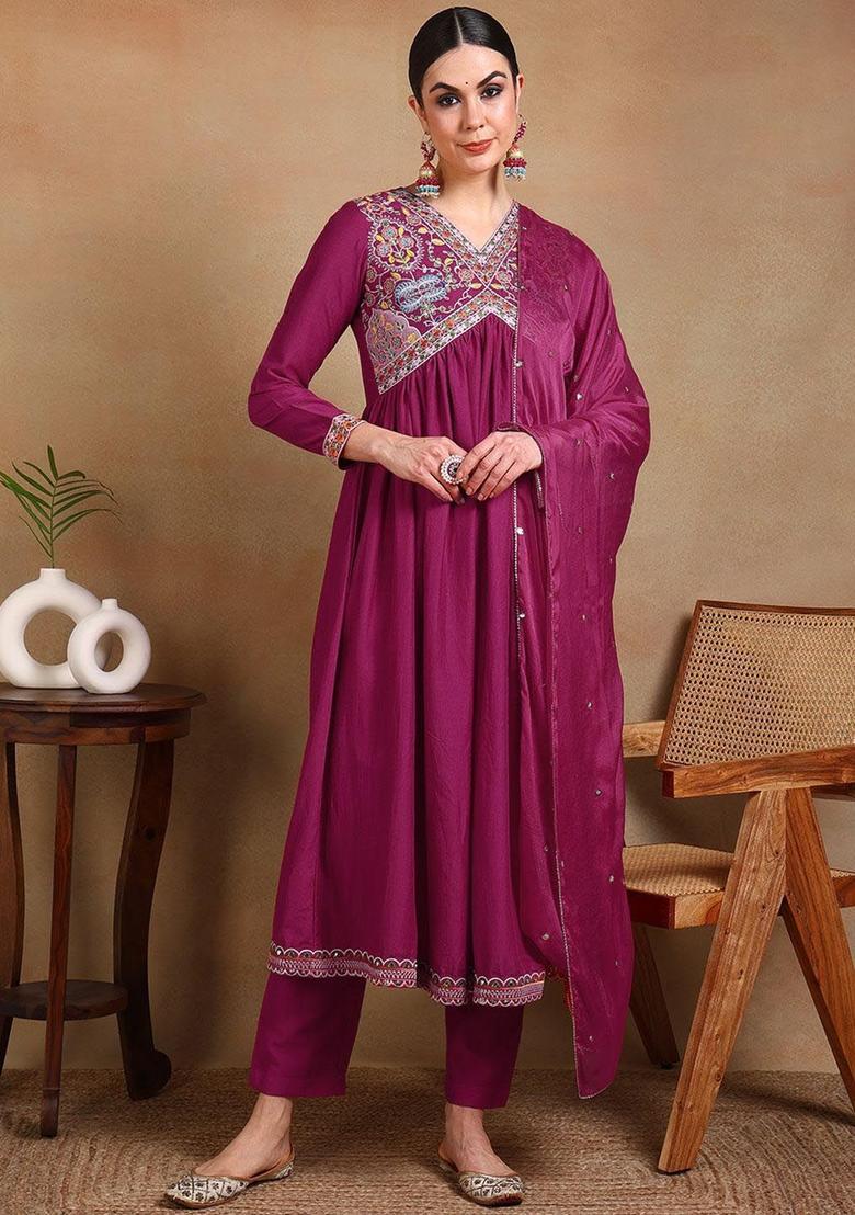 Pink Embroidered Silk Anarkali Set - Indya