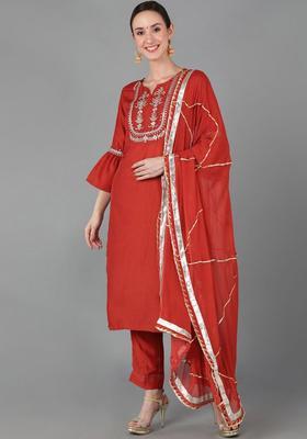 Rust Embroidered Polyester Kurta Set