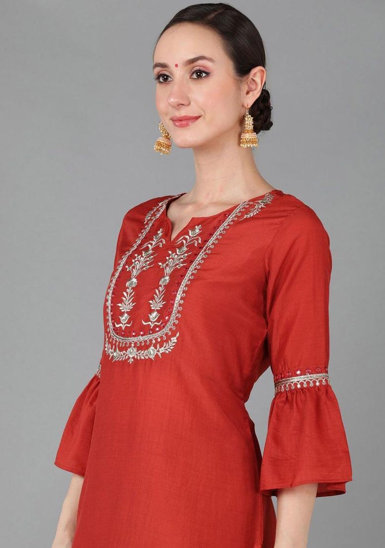 Rust Embroidered Polyester Kurta Set - Indya