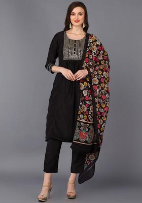 Black Yoke Design Silk Blend Kurta Set