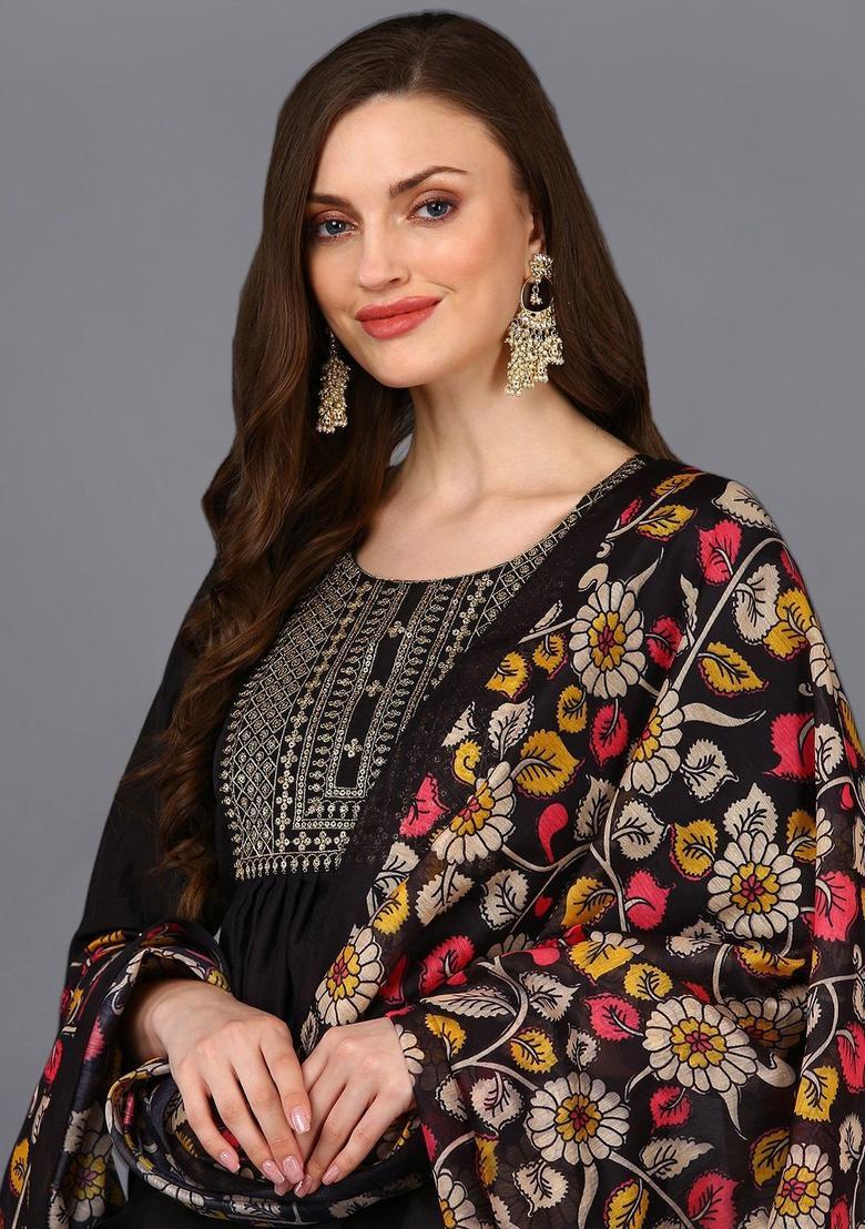 Black Yoke Design Silk Kurta Set - Indya