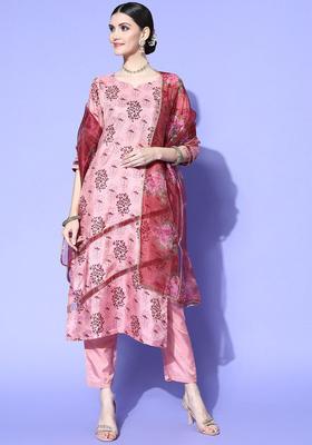 Pink Printed Silk Kurta Set