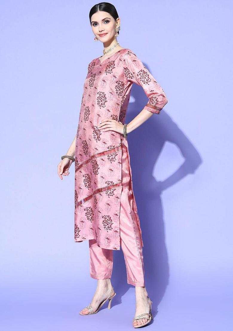 Pink Printed Silk Kurta Set - Indya