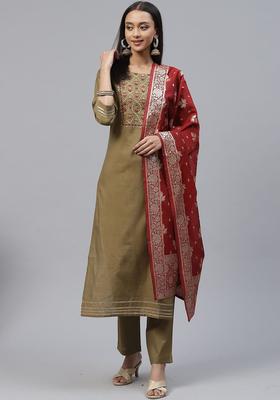 Olive Embroidered Silk Blend Kurta Set